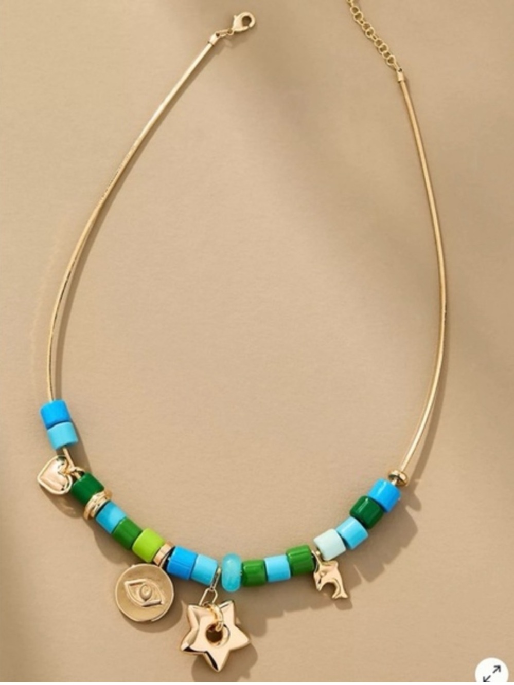 Anthropologie 14k Gold Plated Necklace with Blue and Green Beads and Charms - Picture 1 of 5